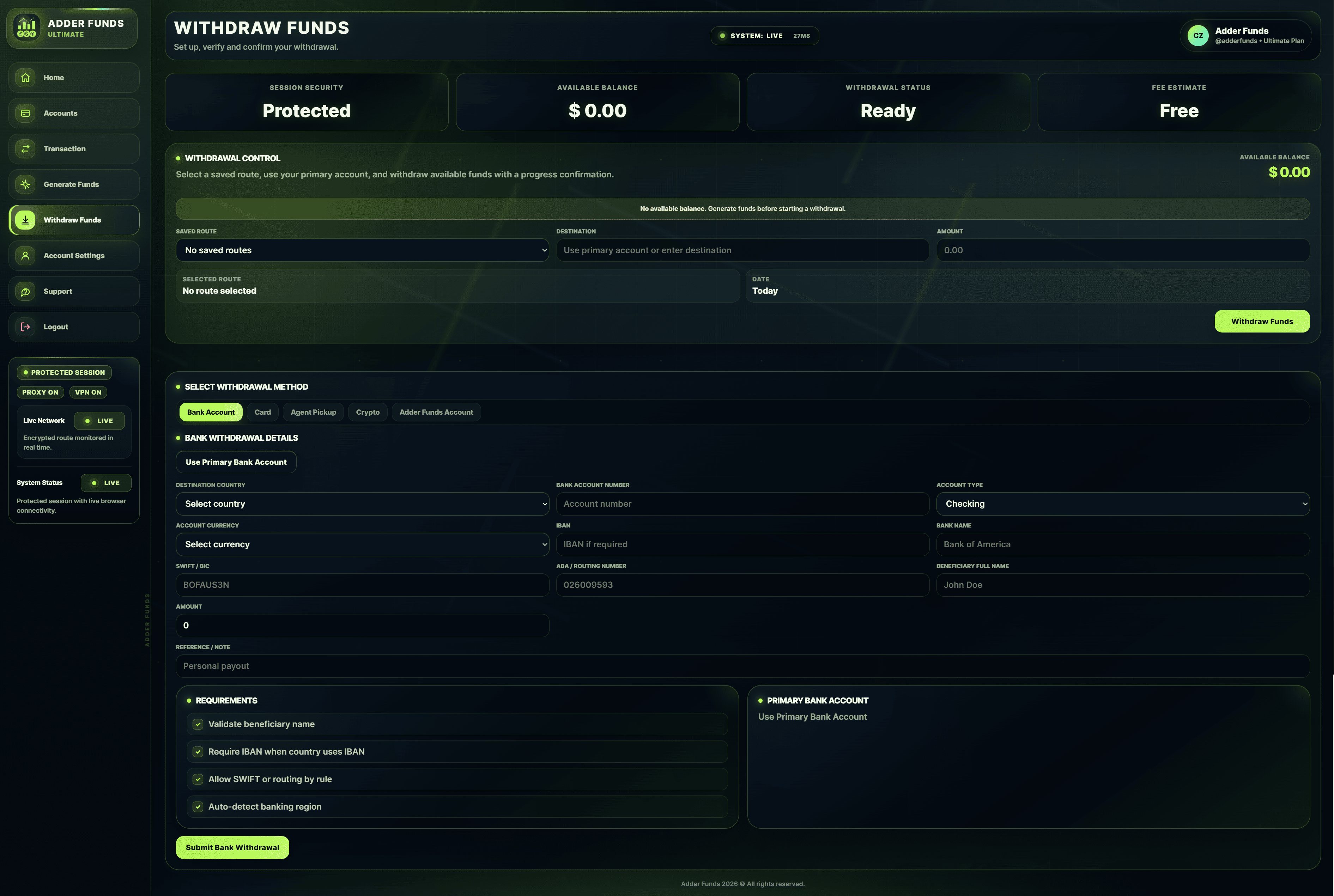 Withdraw Adder Funds